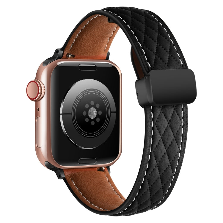 For Apple Watch 7 41mm Folding Buckle Rhombus Leather Watch Band(Black) - Watch Bands by PMC TechLife | Online Shopping South Africa | PMC TechLife