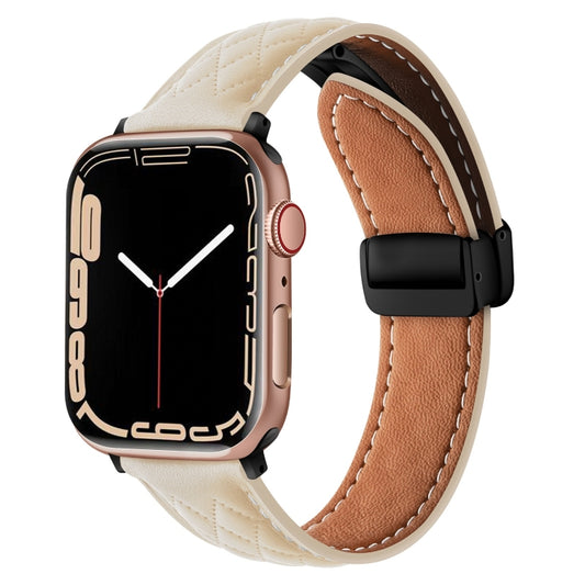 For Apple Watch 7 41mm Folding Buckle Rhombus Leather Watch Band(Starlight) - Watch Bands by PMC Jewellery | Online Shopping South Africa | PMC Jewellery