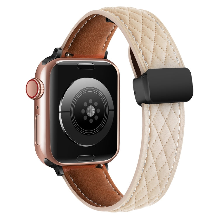 For Apple Watch 7 41mm Folding Buckle Rhombus Leather Watch Band(Apricot) - Watch Bands by PMC TechLife | Online Shopping South Africa | PMC TechLife