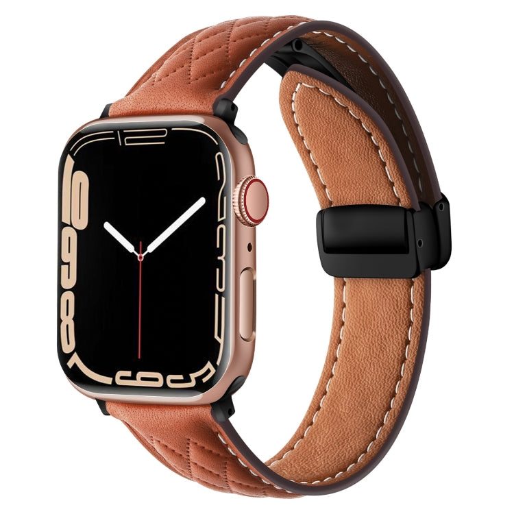 For Apple Watch 7 41mm Folding Buckle Rhombus Leather Watch Band(Brown) - Watch Bands by PMC Jewellery | Online Shopping South Africa | PMC Jewellery