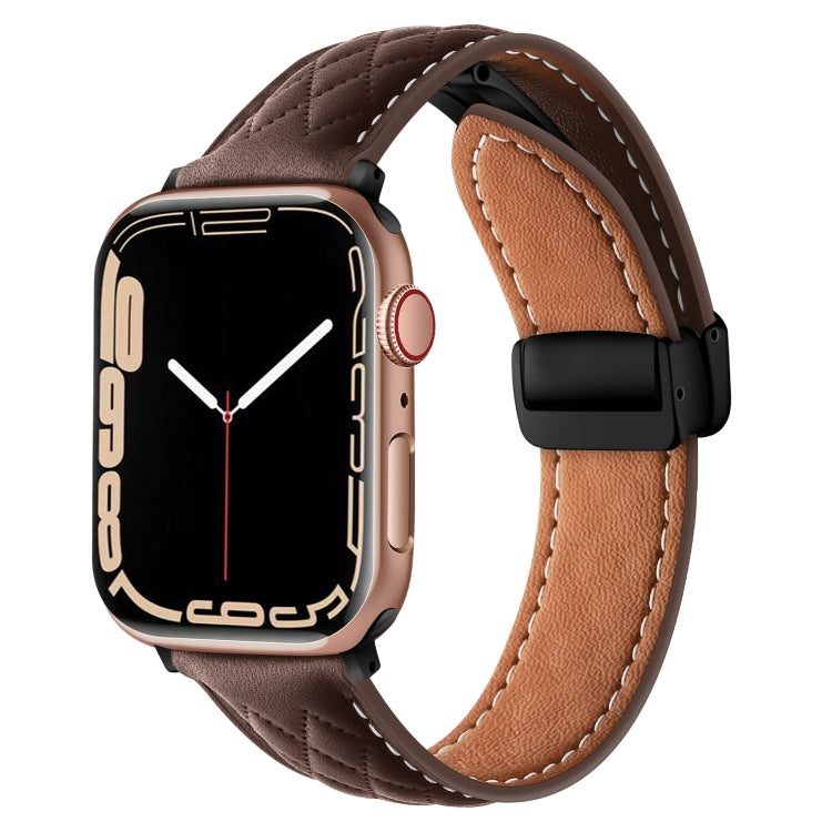 For Apple Watch 4 44mm Folding Buckle Rhombus Leather Watch Band(Coffee) - Watch Bands by PMC TechLife | Online Shopping South Africa | PMC TechLife