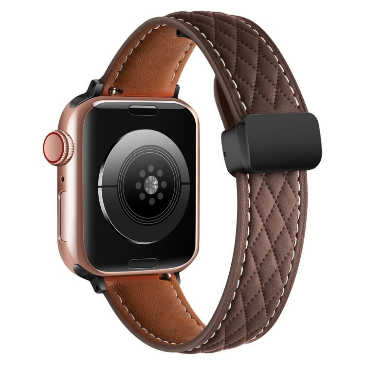 For Apple Watch 4 44mm Folding Buckle Rhombus Leather Watch Band(Coffee) - Watch Bands by PMC TechLife | Online Shopping South Africa | PMC TechLife