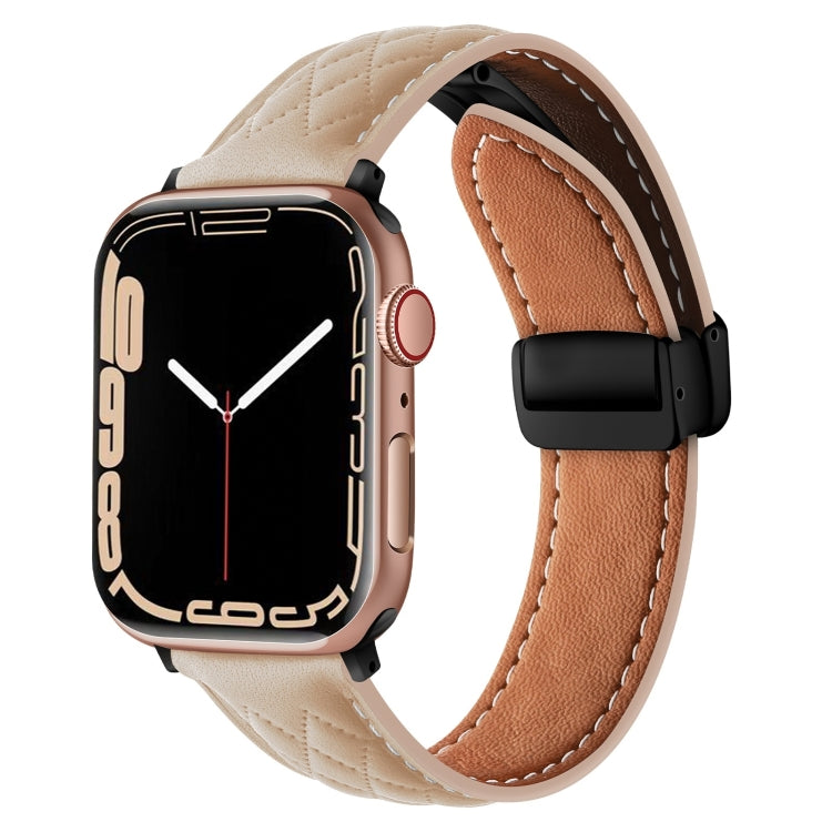 For Apple Watch 9 45mm Folding Buckle Rhombus Leather Watch Band(Apricot) - Watch Bands by PMC TechLife | Online Shopping South Africa | PMC TechLife