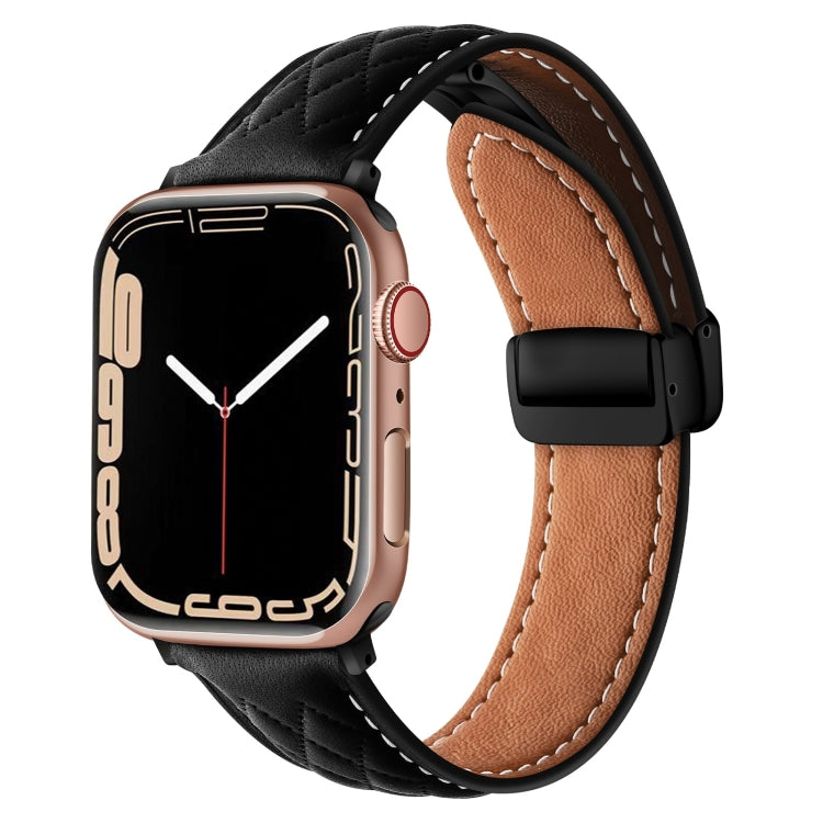For Apple Watch 9 41mm Folding Buckle Rhombus Leather Watch Band(Black) - Watch Bands by PMC TechLife | Online Shopping South Africa | PMC TechLife