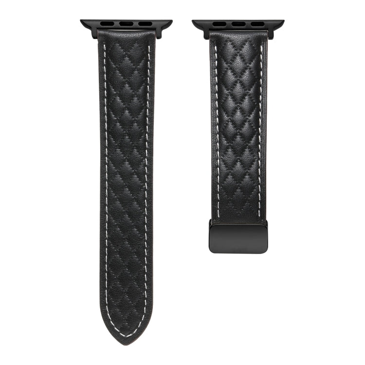 For Apple Watch 9 41mm Folding Buckle Rhombus Leather Watch Band(Black) - Watch Bands by PMC TechLife | Online Shopping South Africa | PMC TechLife