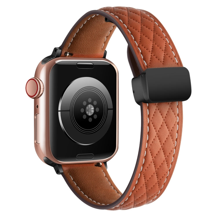 For Apple Watch 9 41mm Folding Buckle Rhombus Leather Watch Band(Brown) - Watch Bands by PMC TechLife | Online Shopping South Africa | PMC TechLife