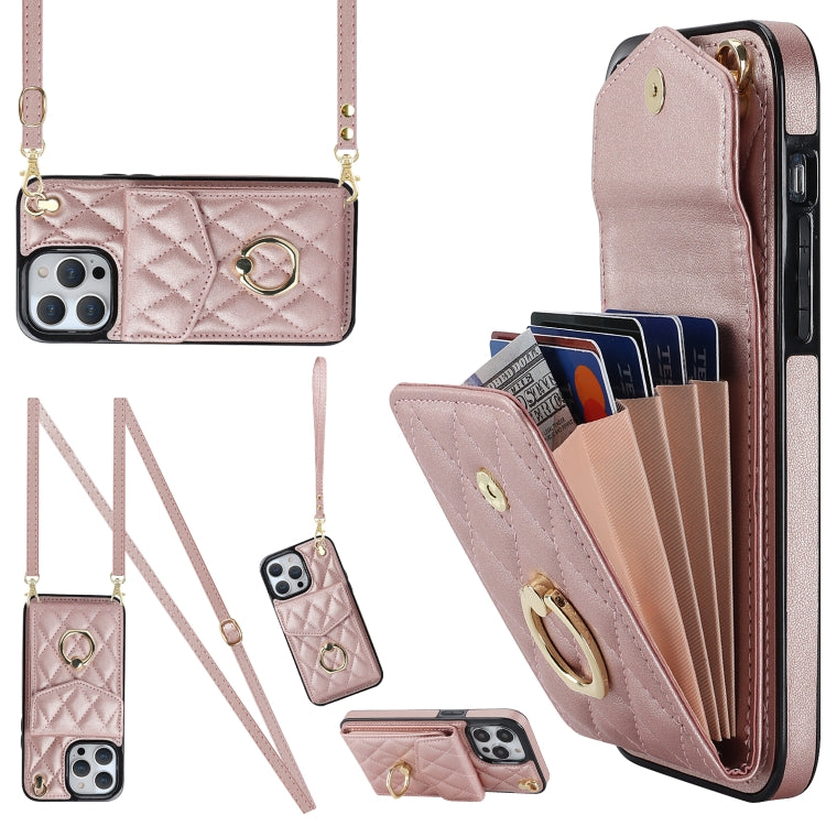For iPhone 13 Pro Max Rhombic Texture Card Bag Phone Case with Long Lanyard(Rose Gold) - free shipping - PMC TechLife - Order now!