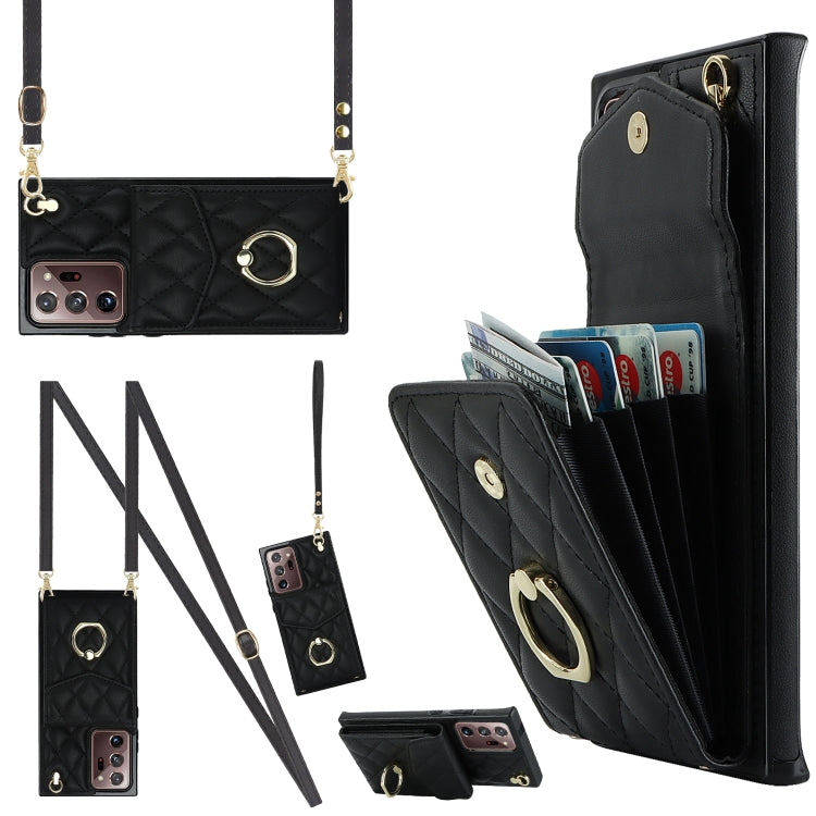 For Samsung Galaxy Note20 Ultra Rhombic Texture Card Bag Phone Case with Long Lanyard(Black) - free shipping - PMC TechLife - Order now!