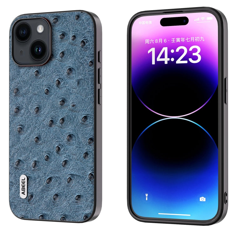 For iPhone 14 ABEEL Genuine Leather Ostrich Texture Phone Case(Blue) - free shipping - PMC TechLife - Order now!