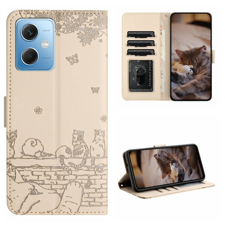 For Xiaomi Redmi Note 12 5G India / POCO X5 Cat Embossing Pattern Leather Phone Case with Lanyard(Beige) - free shipping - PMC TechLife - Order now!