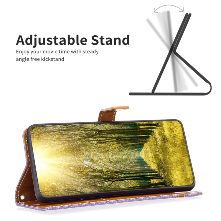 For iPhone 15 Plus Color Block Denim Texture Leather Phone Case(Purple) - free shipping - PMC TechLife - Order now!