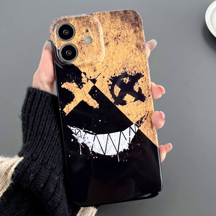 For iPhone 12 Painted Pattern Precise Hole PC Phone Case(Black Yellow Smiling) - iPhone 12 / 12 Pro Cases by PMC TechLife | Online Shopping South Africa | PMC TechLife