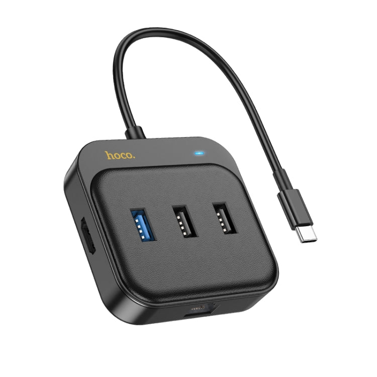 hoco HB37 6 in 1 HDTV+RJ45+USB3.0+USB2.0x2+PD100W Converter, Cable Length: 0.2m(Black) - USB HUB by hoco | Online Shopping South Africa | PMC Jewellery