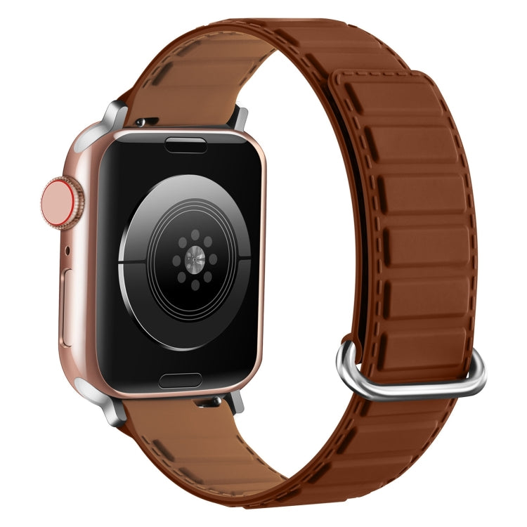 For Apple Watch 9 45mm Reverse Buckle Magnetic Silicone Watch Band(Silver Buckle Brown) - Watch Bands by PMC TechLife | Online Shopping South Africa | PMC TechLife