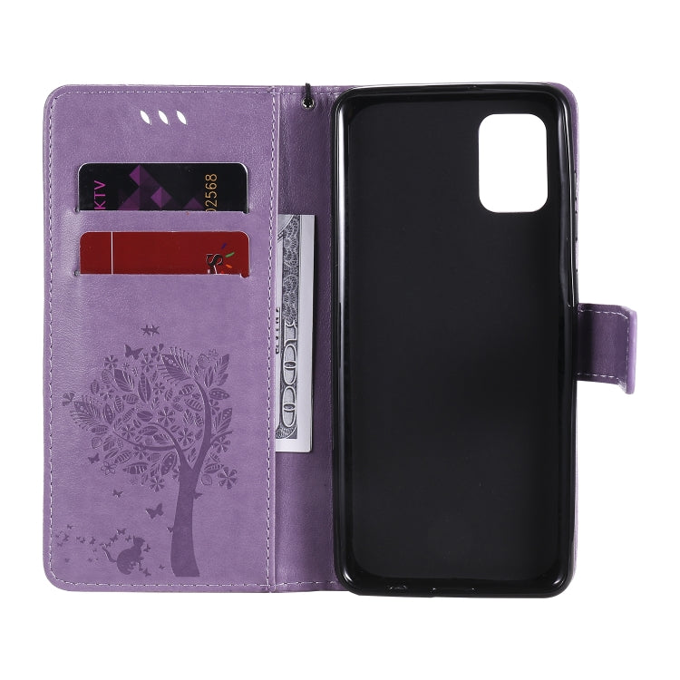 For Samsung Galaxy A31 Tree & Cat Embossed Pattern Horizontal Flip Leather Case with Holder & Card Slots & Wallet & Lanyard(Light Purple) - free shipping - PMC TechLife - Order now!