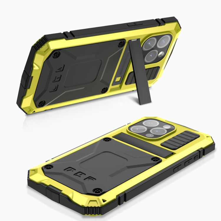 For iPhone 15 Pro R-JUST Shockproof Life Waterproof Dust-proof Metal + Silicone Phone Case with Holder(Yellow) - iPhone 15 Pro Cases by R-JUST | Online Shopping South Africa | PMC TechLife | Buy Now Pay Later Mobicred