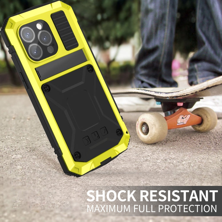 For iPhone 15 Pro R-JUST Shockproof Life Waterproof Dust-proof Metal + Silicone Phone Case with Holder(Yellow) - iPhone 15 Pro Cases by R-JUST | Online Shopping South Africa | PMC TechLife | Buy Now Pay Later Mobicred