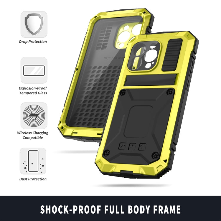 For iPhone 15 Pro R-JUST Shockproof Life Waterproof Dust-proof Metal + Silicone Phone Case with Holder(Yellow) - iPhone 15 Pro Cases by R-JUST | Online Shopping South Africa | PMC TechLife | Buy Now Pay Later Mobicred
