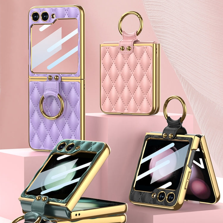 For Samsung Galaxy Z Flip5 GKK Integrated Plating Diamond Texture PU Phone Case with Ring(Matcha Green) - Galaxy Z Flip5 Cases by GKK | Online Shopping South Africa | PMC TechLife | Buy Now Pay Later Mobicred