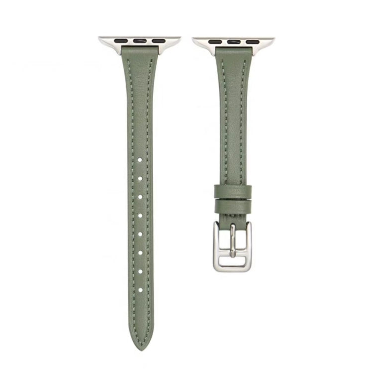 For Apple Watch 9 41mm T-shaped Slim Genuine Leather Watch Band(Light Green) - Watch Bands by PMC TechLife | Online Shopping South Africa | PMC TechLife