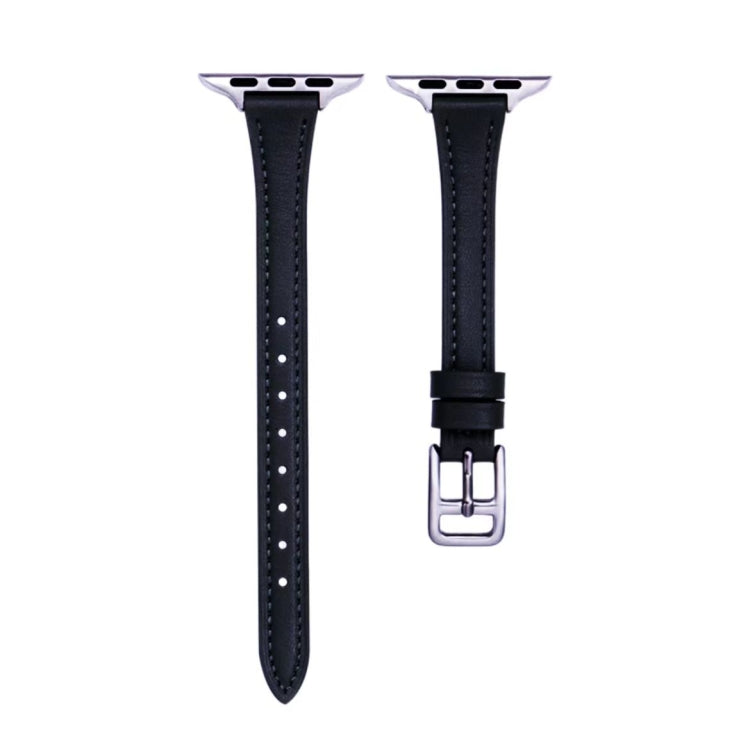 For Apple Watch 9 45mm T-shaped Slim Genuine Leather Watch Band(Black) - Watch Bands by PMC TechLife | Online Shopping South Africa | PMC TechLife
