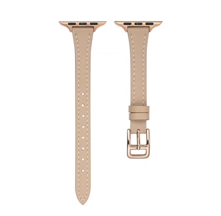 For Apple Watch 9 45mm T-shaped Slim Genuine Leather Watch Band(Apricot) - Watch Bands by PMC TechLife | Online Shopping South Africa | PMC TechLife