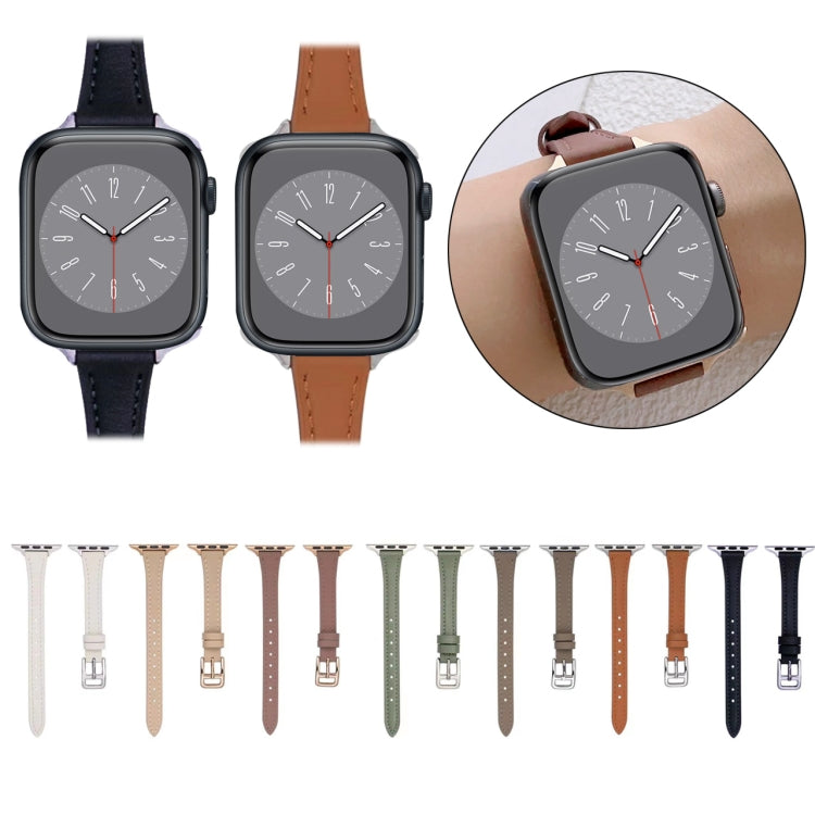 For Apple Watch 9 45mm T-shaped Slim Genuine Leather Watch Band(White) - Watch Bands by PMC TechLife | Online Shopping South Africa | PMC TechLife