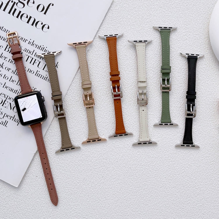 For Apple Watch 9 45mm T-shaped Slim Genuine Leather Watch Band(Black) - Watch Bands by PMC TechLife | Online Shopping South Africa | PMC TechLife
