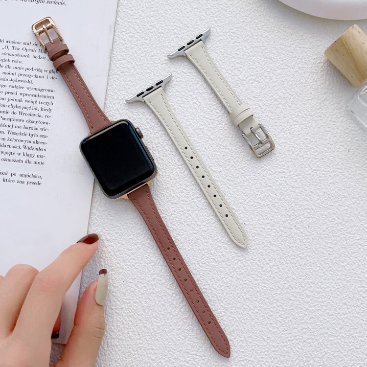 For Apple Watch 9 45mm T-shaped Slim Genuine Leather Watch Band(Light Brown) - Watch Bands by PMC TechLife | Online Shopping South Africa | PMC TechLife