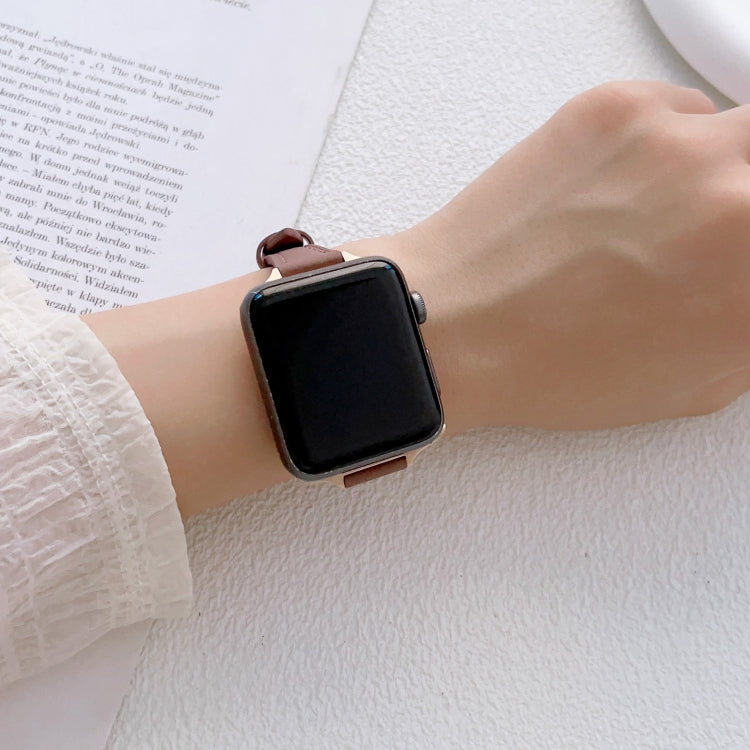 For Apple Watch 9 41mm T-shaped Slim Genuine Leather Watch Band(Light Brown) - Watch Bands by PMC TechLife | Online Shopping South Africa | PMC TechLife