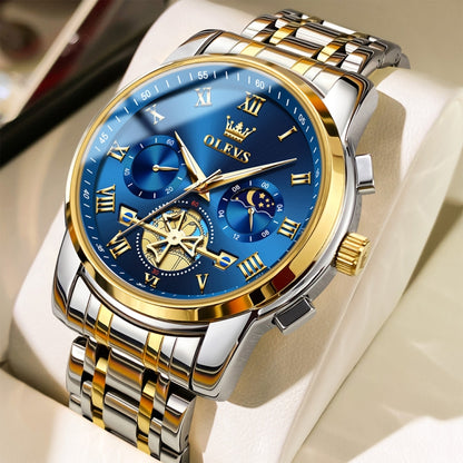 OLEVS 2859 Men Multifunctional Luminous Waterproof Quartz Watch(Blue + Gold) - Metal Strap Watches by OLEVS | Online Shopping South Africa | PMC Jewellery