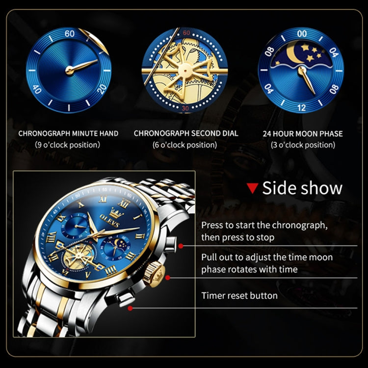 OLEVS 2859 Men Multifunctional Luminous Waterproof Quartz Watch(Blue + Gold) - Metal Strap Watches by OLEVS | Online Shopping South Africa | PMC Jewellery