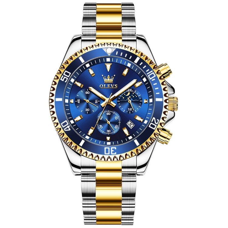 OLEVS 2870 Men Multifunctional Chronograph Three Eyes Waterproof Quartz Watch(Blue + Gold) - Metal Strap Watches by OLEVS | Online Shopping South Africa | PMC Jewellery | Buy Now Pay Later Mobicred