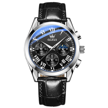 OLEVS 2871 Men Multifunctional Sports Chronograph Luminous Quartz Watch(Black + Silver) - Leather Strap Watches by OLEVS | Online Shopping South Africa | PMC Jewellery | Buy Now Pay Later Mobicred