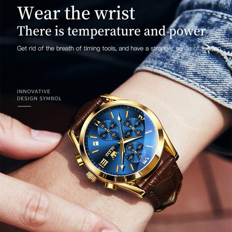 OLEVS 2872 Men Three Eyes Six Needles Chronograph Waterproof Quartz Watch(Blue + Gold) - Leather Strap Watches by OLEVS | Online Shopping South Africa | PMC Jewellery