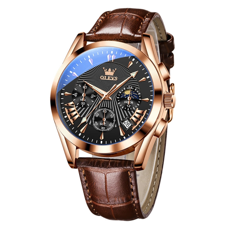 OLEVS 2876 Men Multifunctional Sports Chronograph Quartz Watch(Black + Rose Gold) - Leather Strap Watches by OLEVS | Online Shopping South Africa | PMC Jewellery | Buy Now Pay Later Mobicred