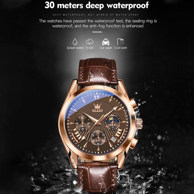 OLEVS 2876 Men Multifunctional Sports Chronograph Quartz Watch(Coffee + Rose Gold) - Leather Strap Watches by OLEVS | Online Shopping South Africa | PMC Jewellery