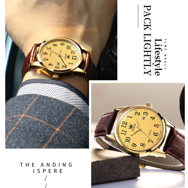 OLEVS 5566 Men Simple Single Calendar Waterproof Quartz Watch(Gold) - Leather Strap Watches by OLEVS | Online Shopping South Africa | PMC Jewellery