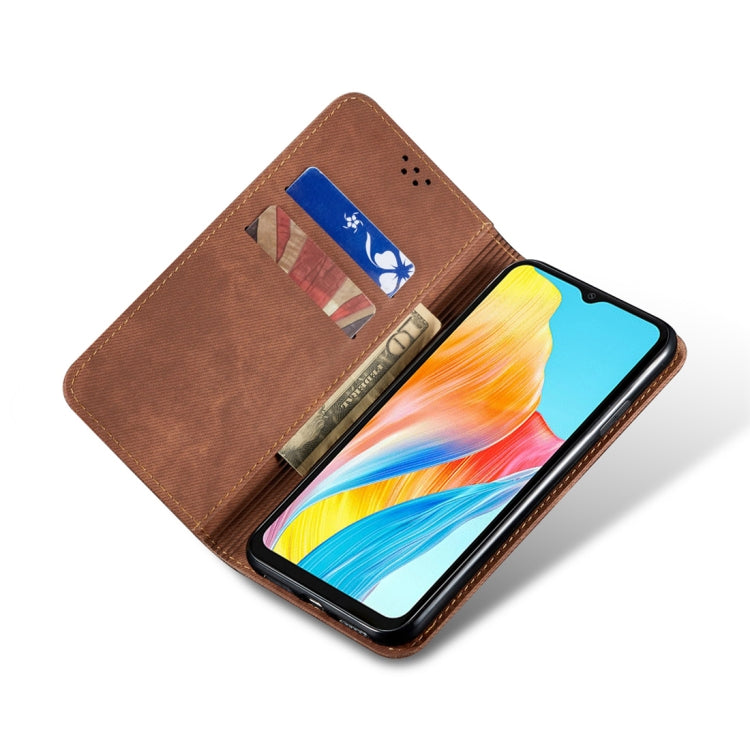 For OPPO A58 4G Denim Texture Casual Style Horizontal Flip Leather Case(Brown) - free shipping - PMC TechLife - Order now!