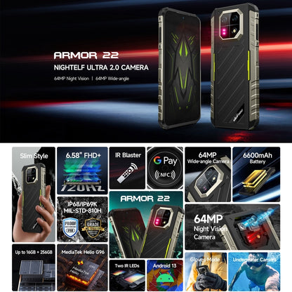 Ulefone Armor 22, 8GB+256GB, IP68/IP69K Rugged Phone, 6.58 inch Android 13 MediaTek Helio G96 Octa Core, Network: 4G, NFC, OTG(Some Green) - Ulefone by Ulefone | Online Shopping South Africa | PMC Jewellery | Buy Now Pay Later Mobicred