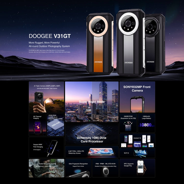 DOOGEE V31GT, 12GB+256GB, Thermal Imaging Camera, Side Fingerprint, 10800mAh Battery, 6.58 inch Android 13 Dimensity 1080 Octa Core, Network: 5G, OTG, NFC, Support Google Pay(Silver) - DOOGEE by DOOGEE | Online Shopping South Africa | PMC Jewellery | Buy Now Pay Later Mobicred