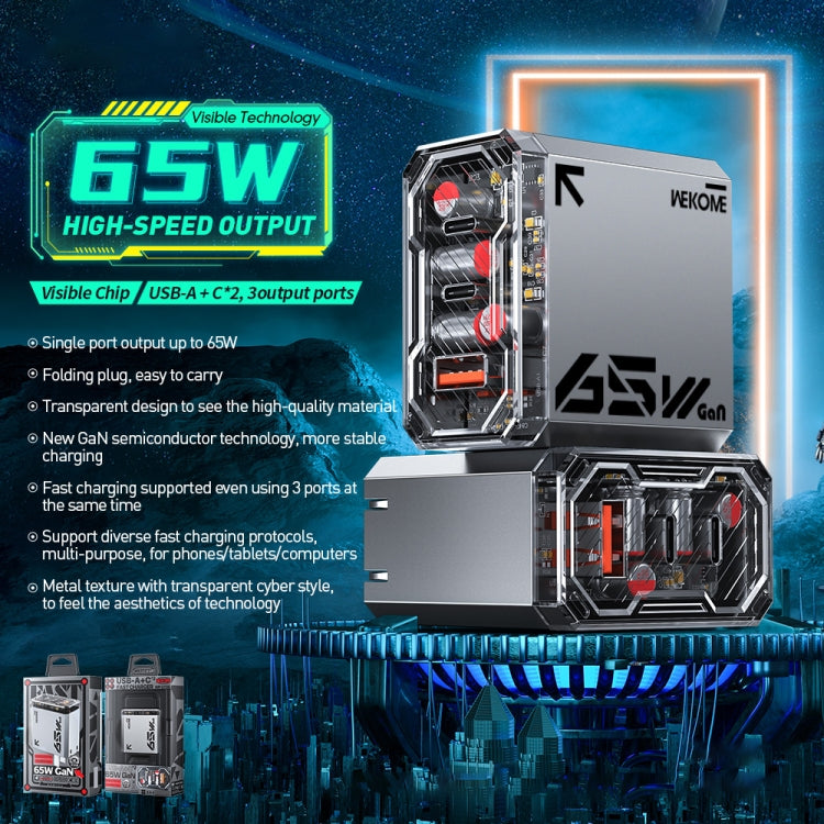 WK WP-U156 Pioneer Series 65W USB+Dual USB-C/Type-C GaN Charger(Silver) - free shipping - PMC TechLife - Order now!