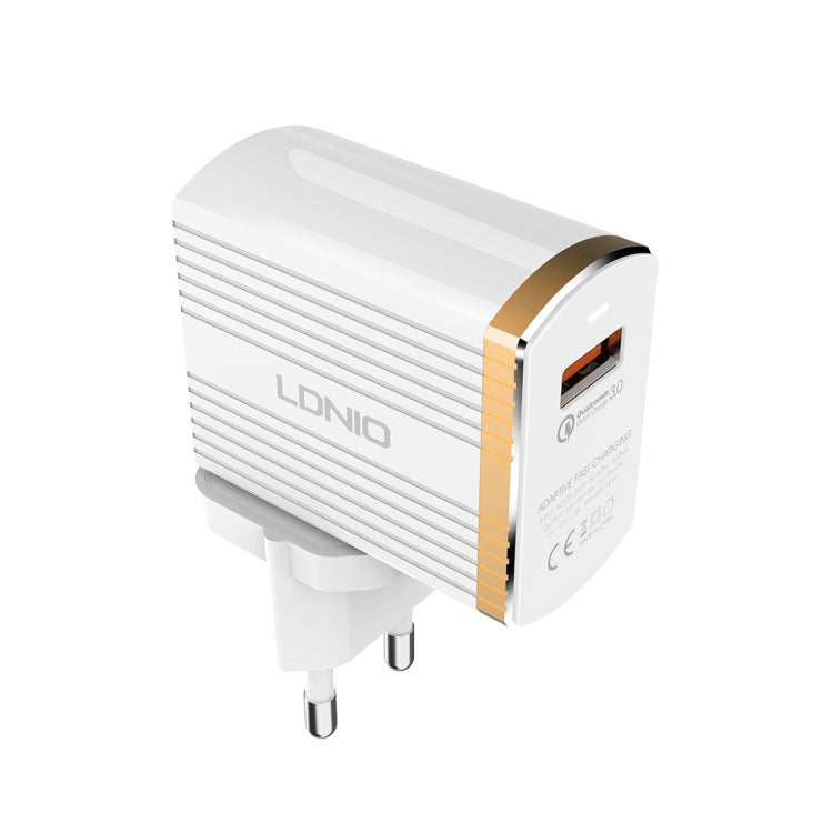 LDNIO A1302Q 2 in 1 18W QC3.0 USB Interface Grid Shape Travel Charger Mobile Phone Charger with 8 Pin Data Cable, EU Plug - free shipping - PMC TechLife - Order now!