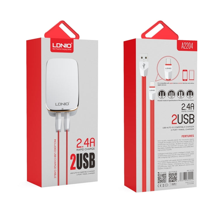 LDNIO A2204 2 in 1 12W Dual USB Interface Travel Charger Mobile Phone Charger with Type-C / USB-C Data Cable, EU Plug - free shipping - PMC TechLife - Order now!