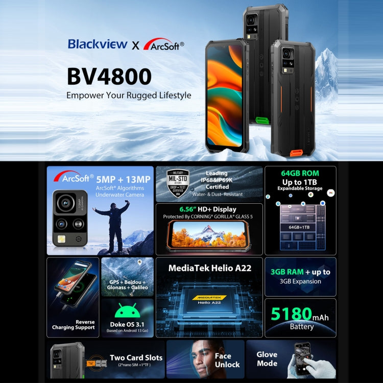 Blackview BV4800, 3GB+64GB, IP68/IP69K/MIL-STD-810H, 6.56 inch Android 13 MediaTek MT6761V/WB Helio A22 Quad Core, Network: 4G, OTG(Green) - Blackview by Blackview | Online Shopping South Africa | PMC Jewellery | Buy Now Pay Later Mobicred