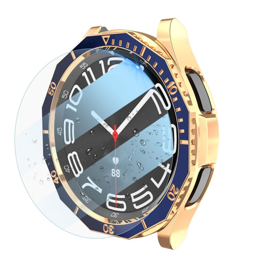 For Samsung Galaxy Watch6 Classic 47mm R960 Electroplate PC Case + Tempered Film + Watch Bezel Ring Set(Blue+Rose Gold) - Watch Cases by PMC Jewellery | Online Shopping South Africa | PMC Jewellery