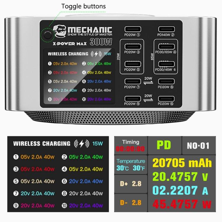 Mechanic X-Power Series Multiport Digital Display USB Charger Station with Wireless Charging, Total Power:200W(EU Plug) - free shipping - PMC TechLife - Order now!