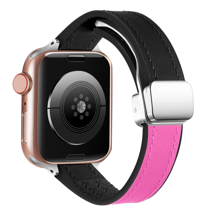 For Apple Watch 42mm Magnetic Folding Leather Silicone Watch Band(Black Rose Red) - free shipping - PMC TechLife - Order now!