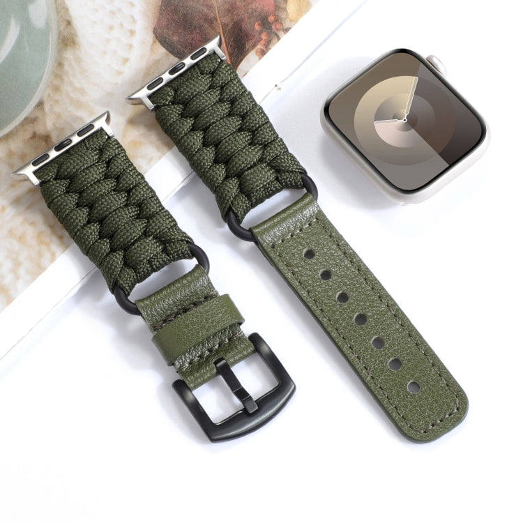For Apple Watch SE 44mm Plain Paracord Genuine Leather Watch Band(Army Green) - Watch Bands by PMC TechLife | Online Shopping South Africa | PMC TechLife