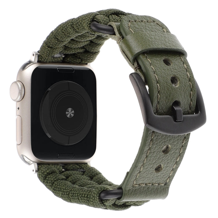 For Apple Watch SE 44mm Plain Paracord Genuine Leather Watch Band(Army Green) - Watch Bands by PMC TechLife | Online Shopping South Africa | PMC TechLife